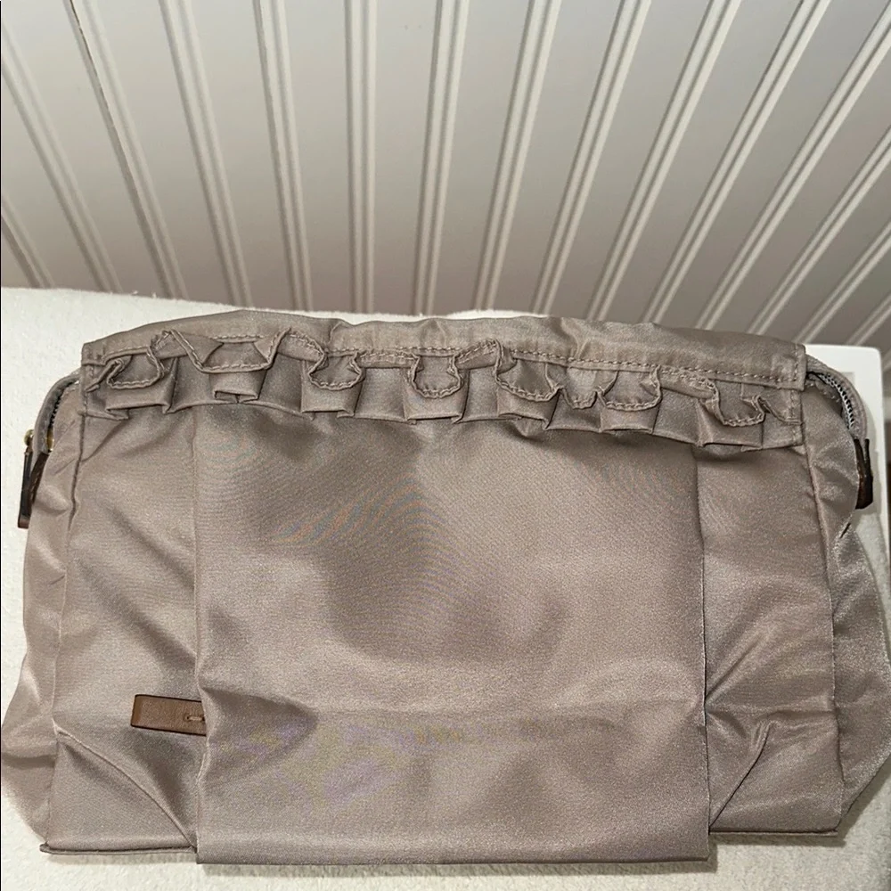 Tumi Enna Large ruffled Travel Pouch Taupe Cosmetics Bag
